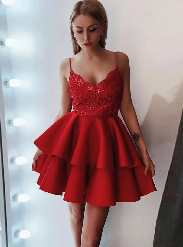 structured dressSpaghetti Strap Lace Short Red Homecoming Dress With Satin Ruffled OM506