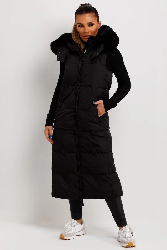 Super Deal comfortable outerwearLong Puffer Gilet With Faux Fur Hood Black