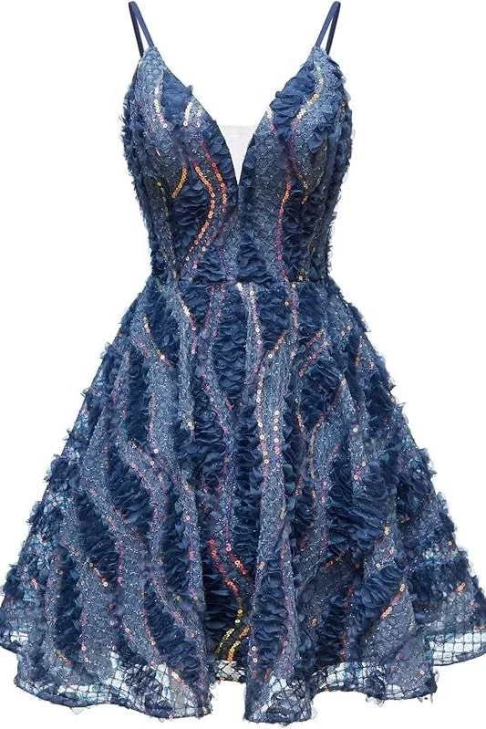 structured dressDark Navy Sequins Spaghetti Straps V Neck Homecoming Dress