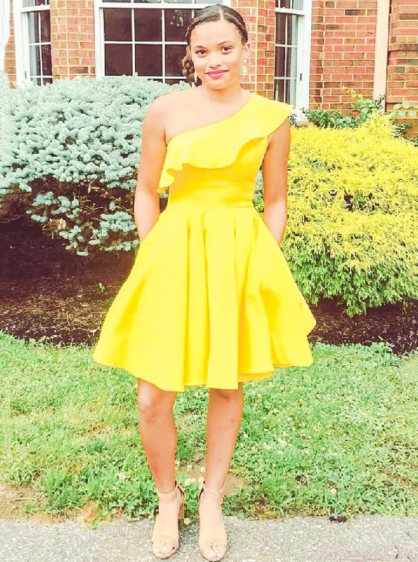 summer floral dressYellow One Shoulder Short Prom Dress Homecoming Dress Ruffles