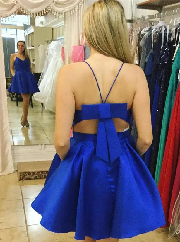 pleated maxi dressRoyal Blue Spaghetti Straps Satin Bowknot Back Short Party Dress With Pockets OC109