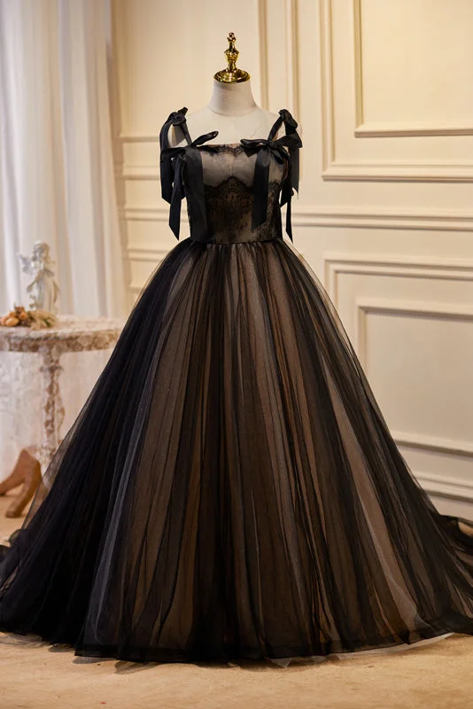 long-sleeve floral dressBlack A-line Long Tulle Prom Dress with Bowknot LJ0572