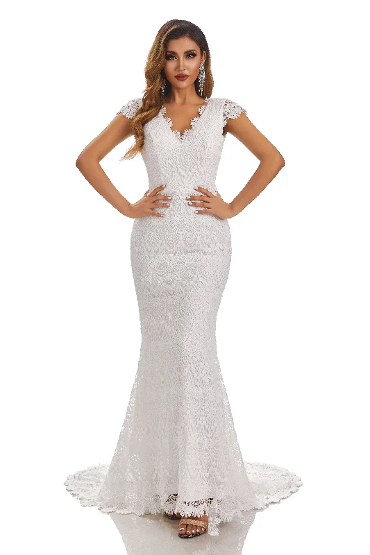 casual shift dressMermaid Cap Sleeves V-Neck Lace Wedding Dresses