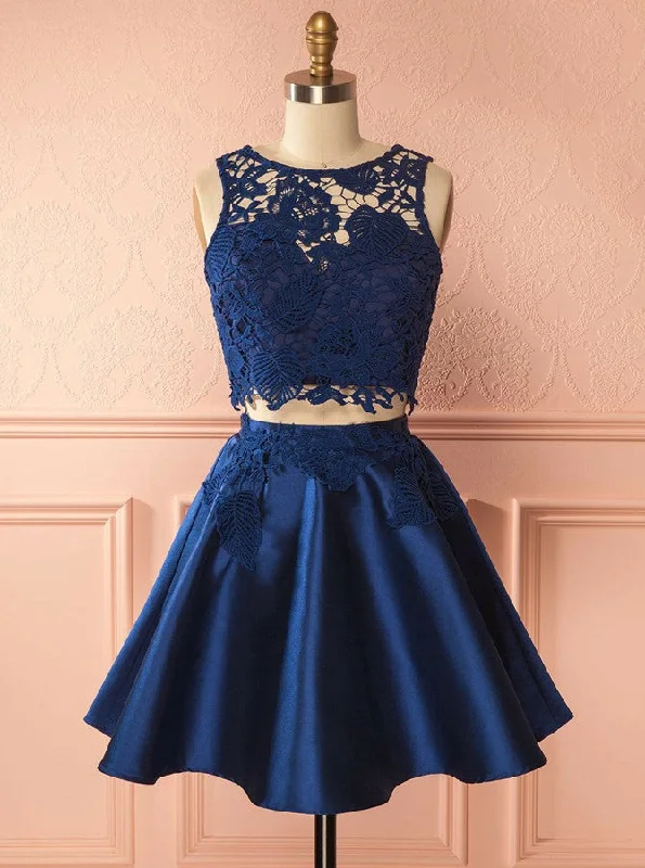 stylish party dressDark Blue Two Piece Bateau Lace Appliques Satin Short Prom Dress OC137