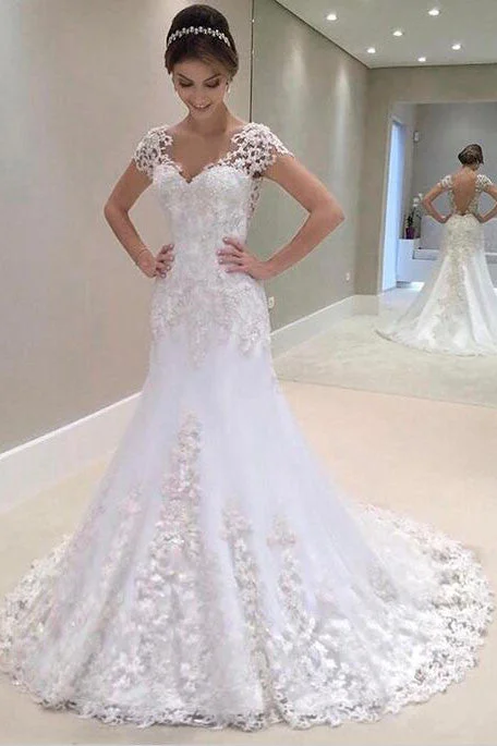 form-fitting dressWhite Lace Appliques Cap Sleeves Open Back Wedding Dresses Sheath Sweep Train Bridal Dresses