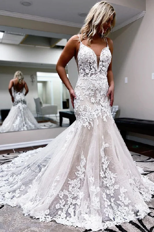 sleek dressMermaid V Neck Lace Wedding Dresses with Appliques N111