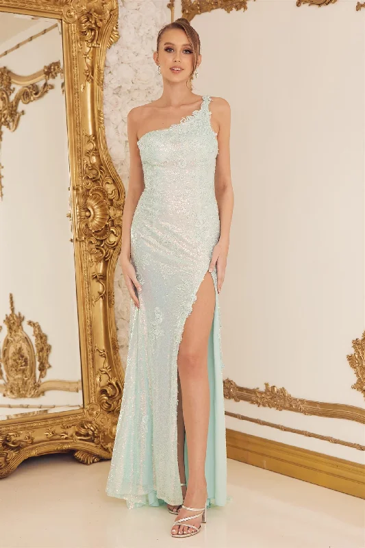 Final Clearance formal dressOne Shoulder Embroidered Sequins Side Slit Long Prom Dress NXD1158 Final Clearance formal dressOne Shoulder Embroidered Sequins Side Slit Long Prom Dress NXD1158