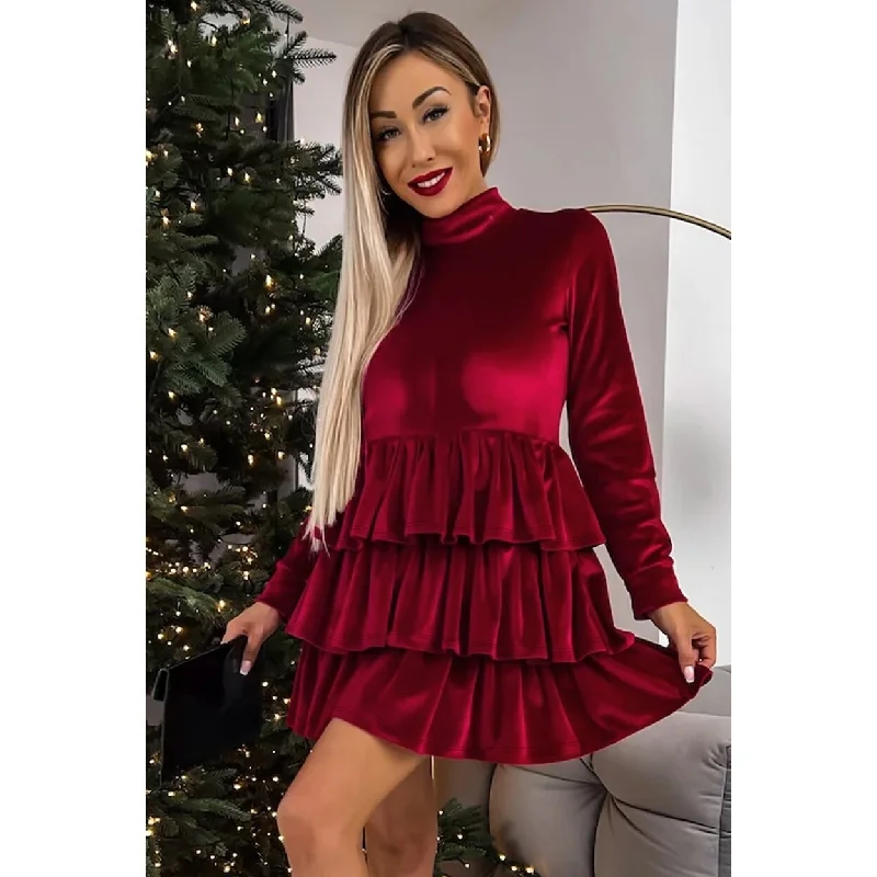 sleek midi dressRacing Red Velvet High Neck Tiered Ruffle Mini Dress