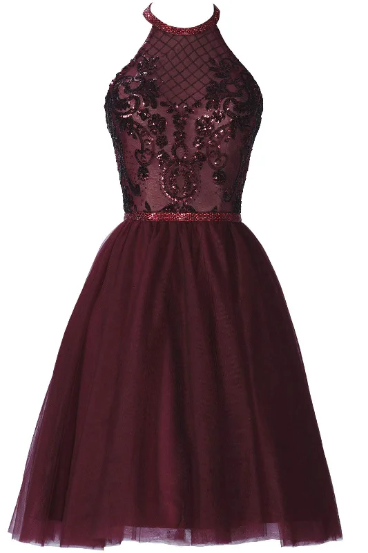 trendy dressBurgundy A-Line Halter Tulle Homecoming Dress With Appliques