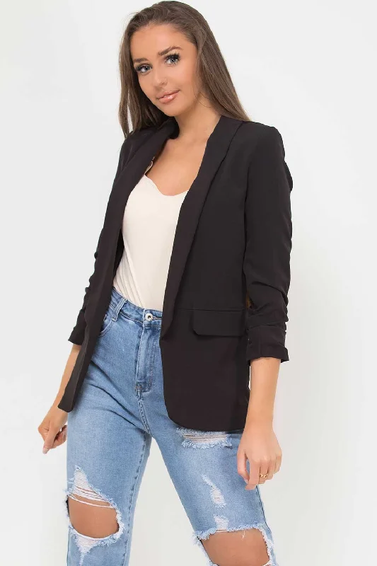 Year-End Clearance comfortable winter coatRuched Sleeve Blazer Black