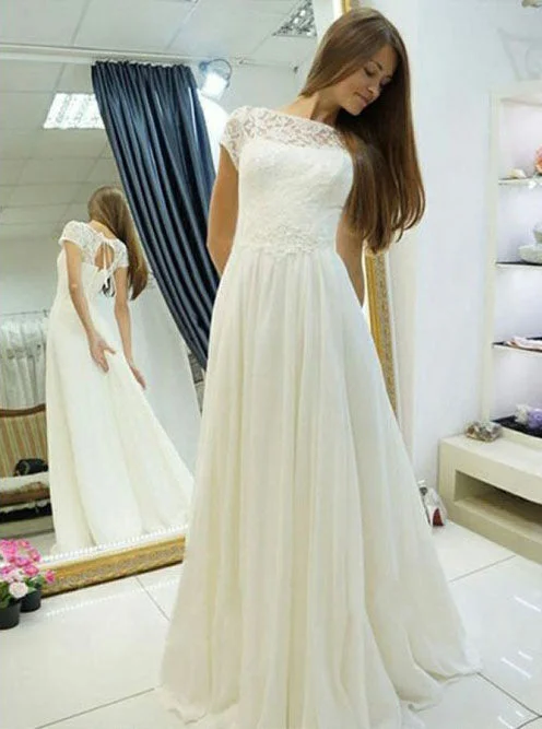 modern dressElegant A-Line Bateau Chiffon Cap Sleeves Lace Wedding Dress OW356