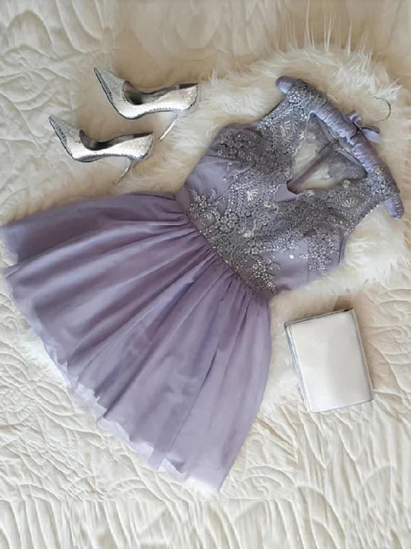 backless dressLavender A-Line V-Neck Tulle Short Prom Dress Homecoming Dress With Appliques OC101