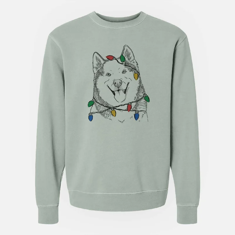 breathable gym hoodieChristmas Lights Teak the Siberian Husky - Unisex Pigment Dyed Crew Sweatshirt