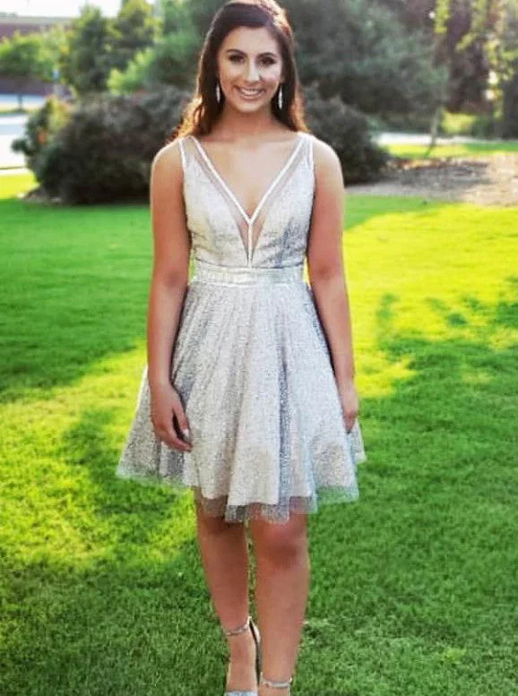 wrap dressA-Line V-neck Short Prom Dress Sheer Homecoming Dress OM325