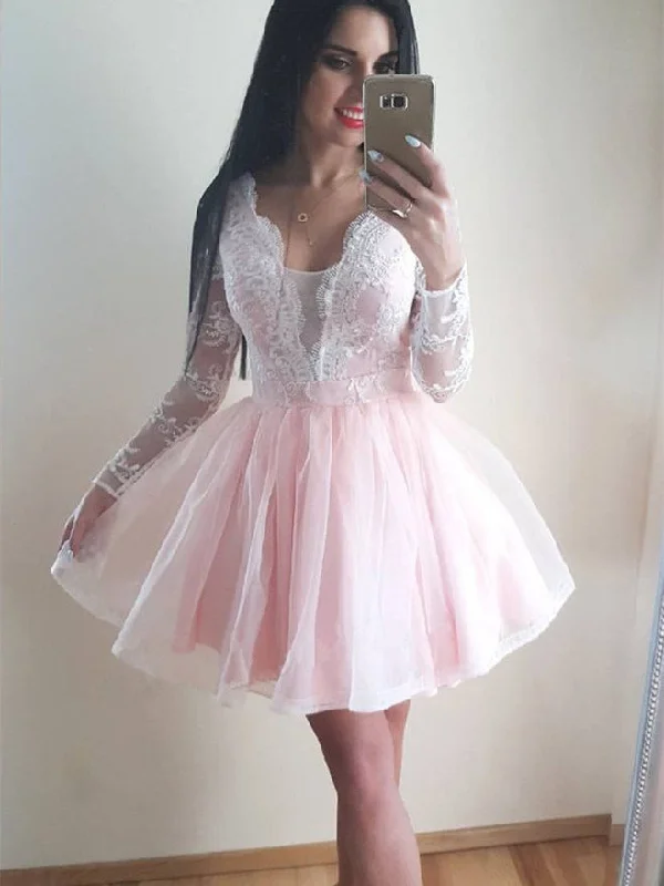 summer floral dressLong Sleeves Lace Appliques Tulle Plunge Neck Short Prom Dress OP141