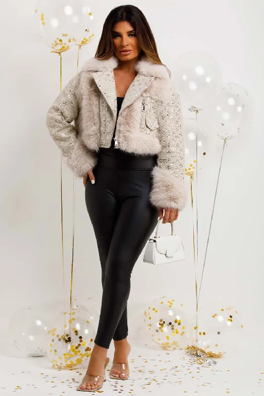 Deal of the Week tailored coatCrop Faux Fur Coat With Sequin Embellishment Beige