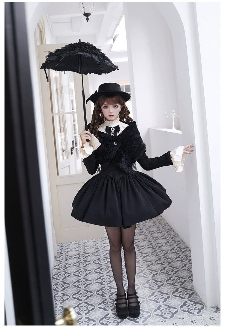 Bargain Blast lightweight winter coatWith PUJI~Old Testament~Classic Lolita Coat Black Plush Lolita Cape and Brooch