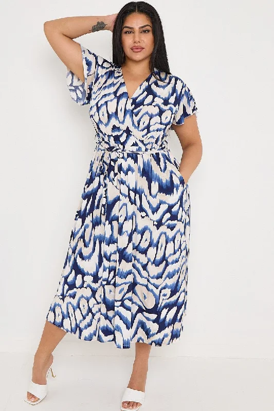 Deal Mania ashionable dressPlus Size Navy Printed Wrap Tie Waist Dress With Pockets