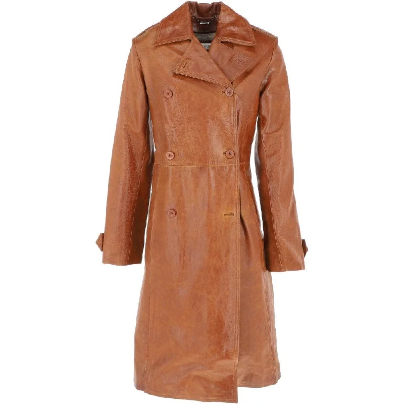 trendy puffer coatWomen's 3-4 Double Breasted Distressed Tan Leather Trench Long Overcoat