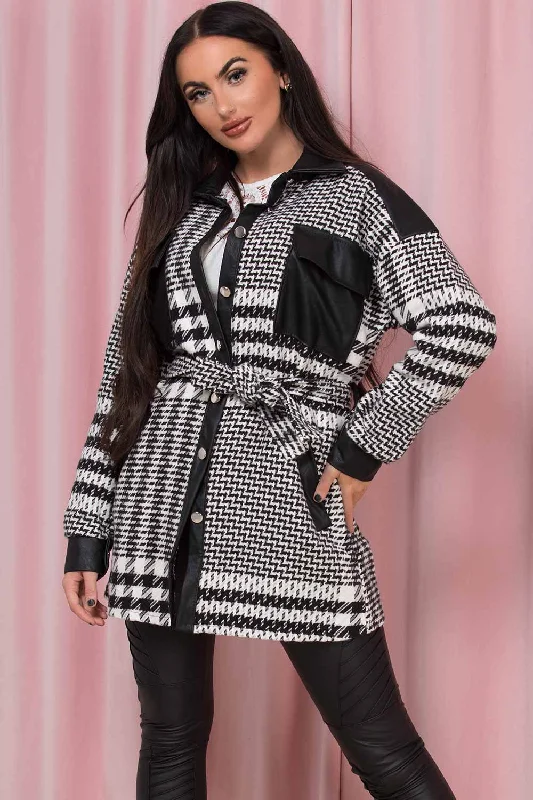 Deal Alert functional coatDogtooth Shacket With Faux Leather Detail