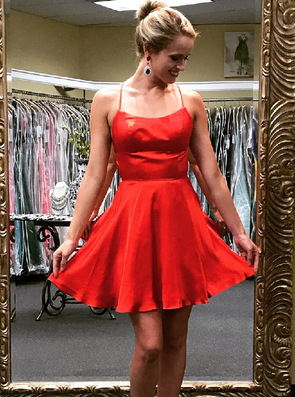 satin dressSimple Red Satin Short Prom Dress Spaghetti Homecoming Dress OM378