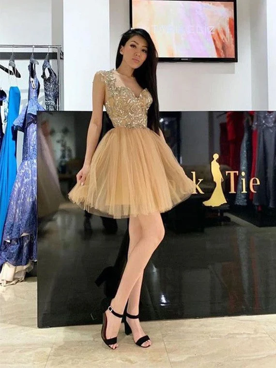 wrap dressA Line Tulle Short Prom Homecoming Dresses With Appliques OM348