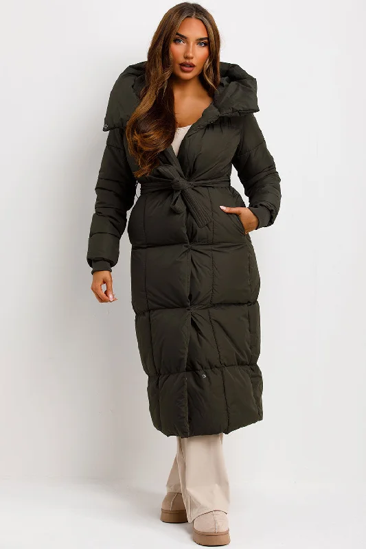Discount Deals classic zip-up coatLong Puffer Coat With Hood And Belt Khaki
