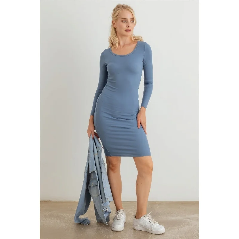 casual summer dressRibbed Crew Neck Long Sleeve Mini Dress