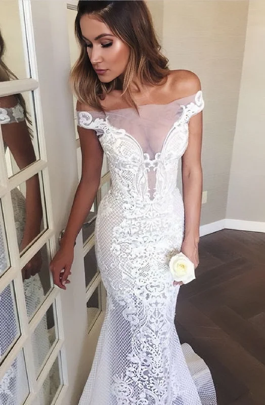 backless dressMermaid Off-the-shoulder Sheer Lace Appliques Beach Wedding Dress N496