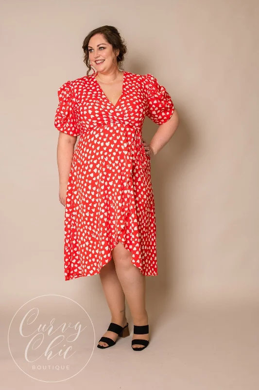 Value Deals cocktail party dressRed Printed Plus Size Midi Dress with Puff Sleeves