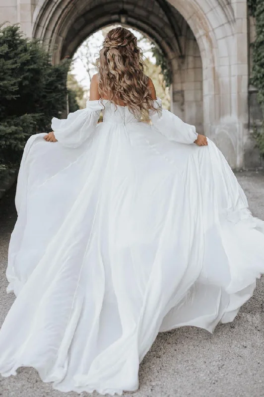 chic wrap dressFlowy Off the Shoulder Chiffon Long Sleeve Boho Wedding Dresses N041