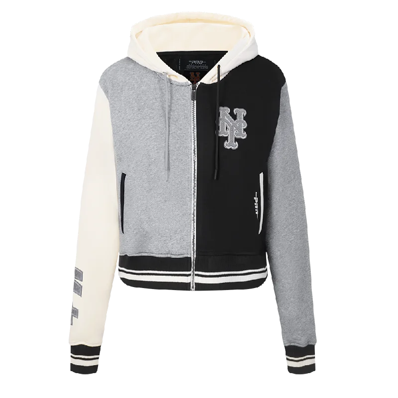Deal Zone MLB NEW YORK METS REVERSE FRENCH TERRY WOMEN'S COLORBLOCK FLC FZ HOODI (BLACK/GRAY/EGGSHELL)