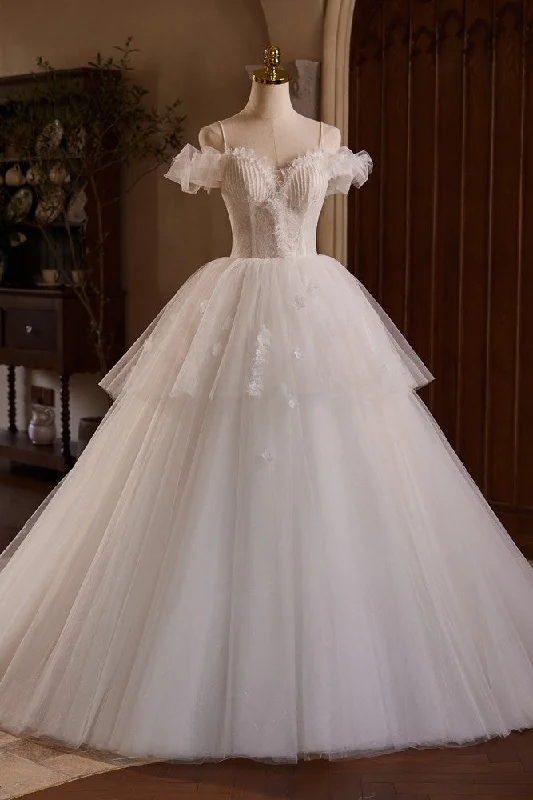 flowy dressLayers Tulle Spaghetti Straps Princess Beading Wedding Gowns