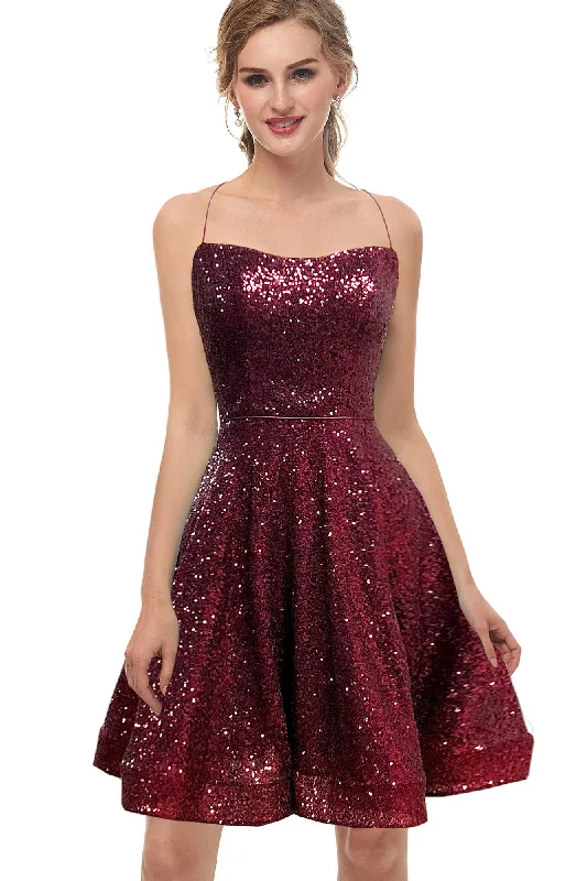 midi dressCharming A-Line Burgundy Spaghetti-Straps Homecoming Dress With Sequins