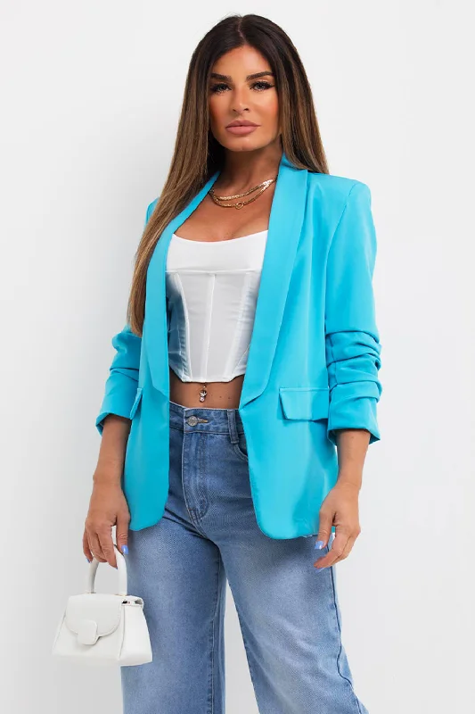 Blowout Sale breathable jacketTurquoise Ruched Sleeve Blazer