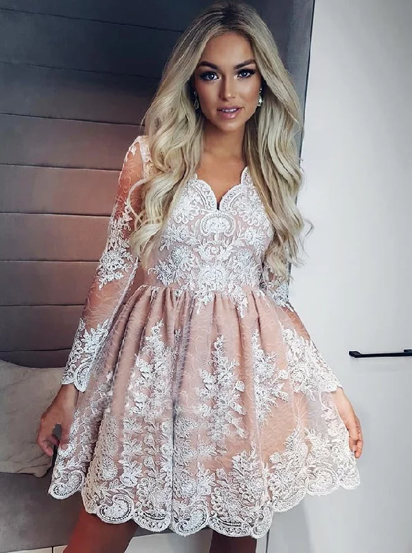 boho dressA-line Long Sleeves Short Prom Dress Lace Homecoming Dress OM236