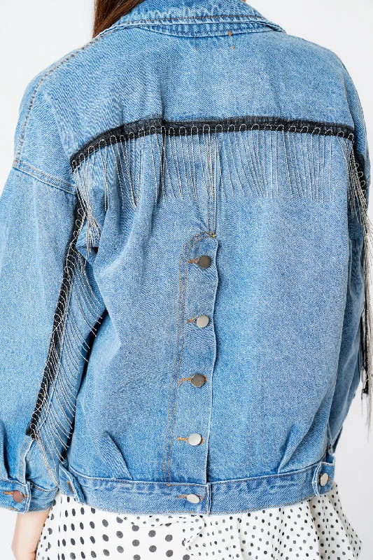 Act Fast modern coatOversized Denim Blue Beaded Fringe Button Up Jacket