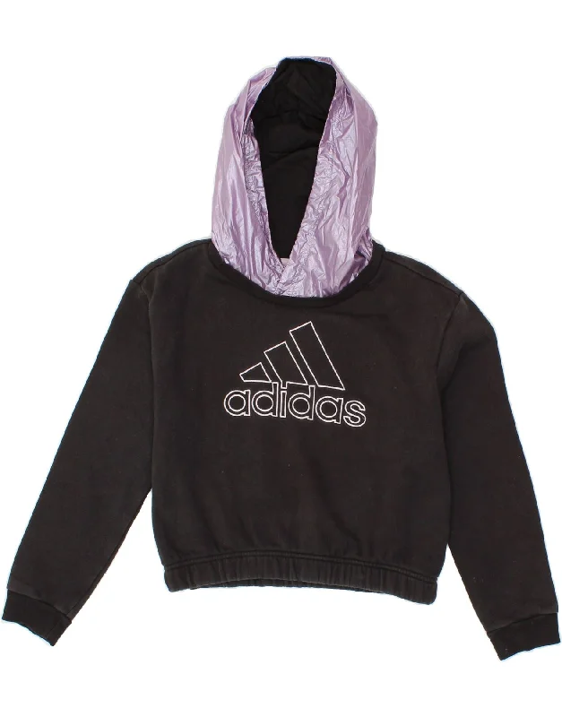 ADIDAS Girls Crop Graphic Hoodie Jumper 11-12 Years Black Cotton