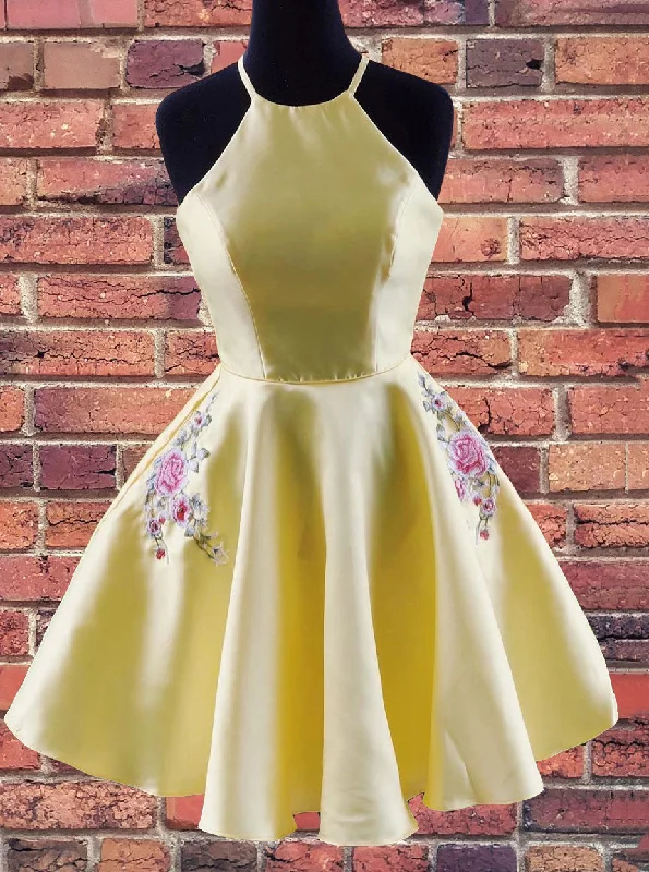 casual midi dressA-line Halter Yellow Homecoming Dress With Embroidered Pockets OM463