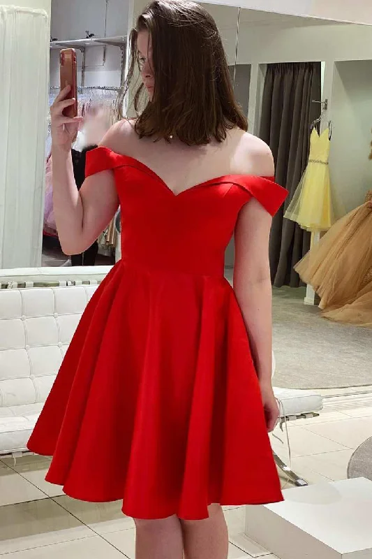 casual shift dressSexy Red Short Off-The-Shoulder A Line Satin Homecoming Dress