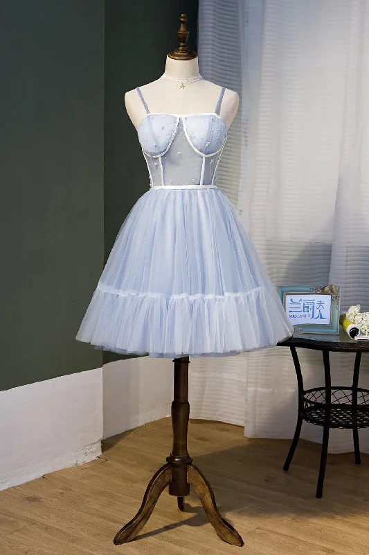 puff sleeve dressA-Line Sky Blue Fairy Dress with Pearls Spaghetti Straps Homecoming Dress