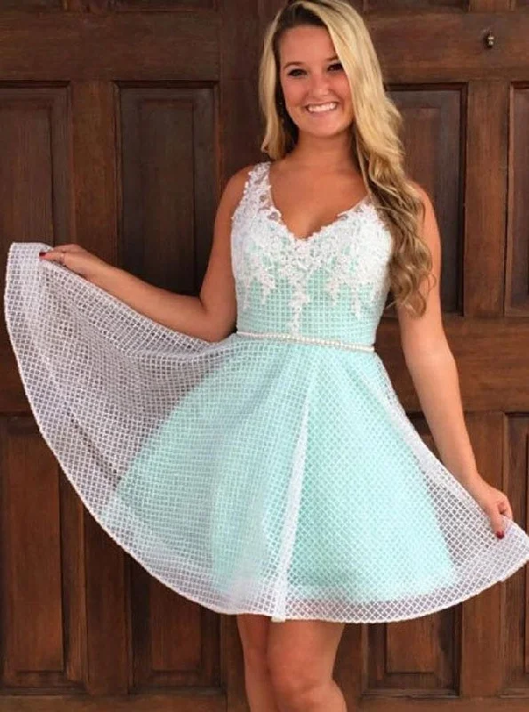 wrap dressA-Line V-Neck Mint Green Short Homecoming Dress With Appliques Beaded OM421