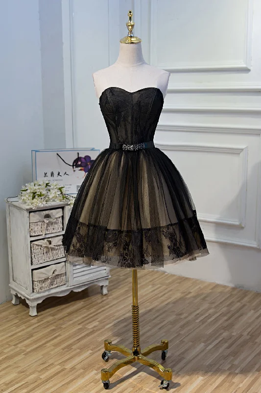 casual day dressShort Mini Black Sweetheart Tulle Belt Prom Dress Homecoming Dress