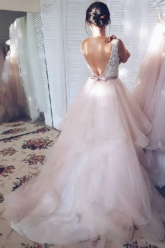 draped dressLight Pink V-Neck Sleeveless Sweep Train Lace Tulle Wedding Dresses with Sash N597