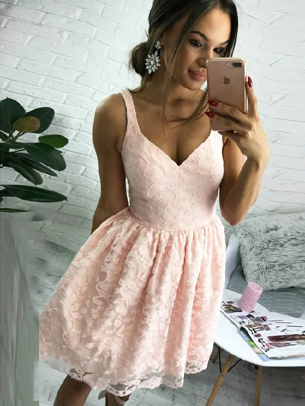 one-shoulder dressPearl Pink Short/Mini A-Line V-Neck Short Lace Cocktail Party Dress OC103