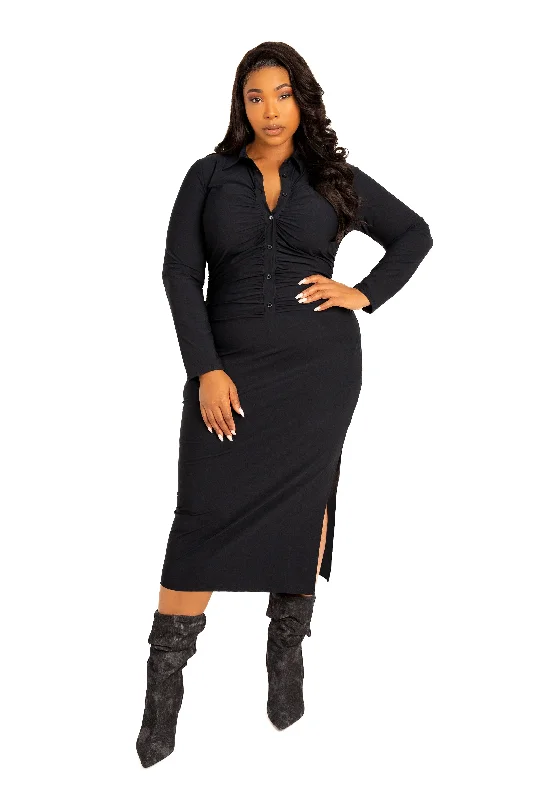 Final Markdown summer dressTech Knit Bodycon Ruched Shirt Dress