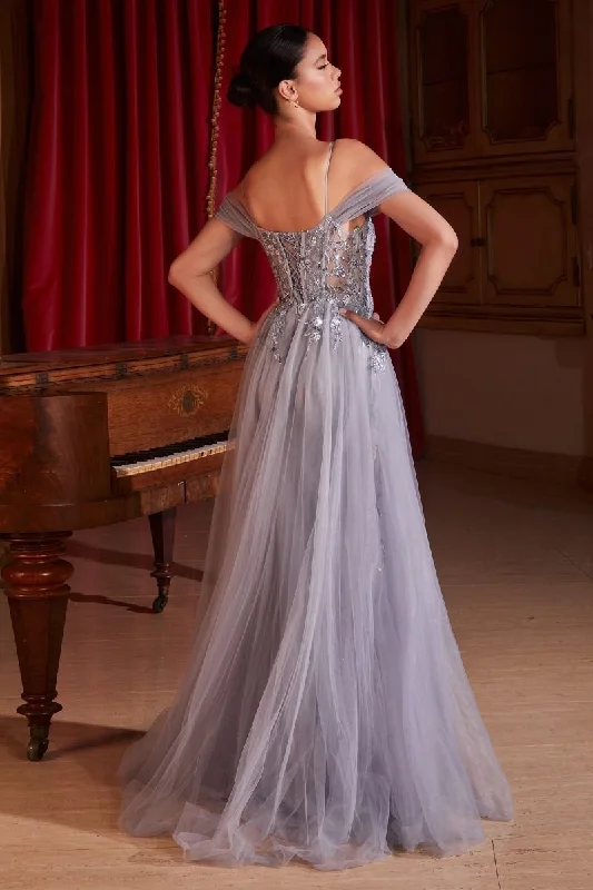 Limited Stock long-sleeve floral dressEmbellished Off Shoulder Fitted A-Line Tulle Skirt Long Prom Dress CDSF009
