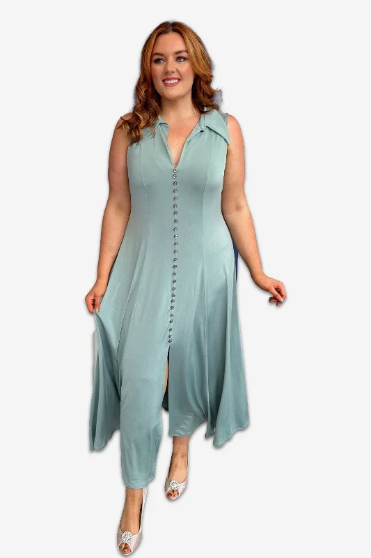 Amazing Deals floral midi dressSage Green Plus Size Maxi Button Down Collared Dress