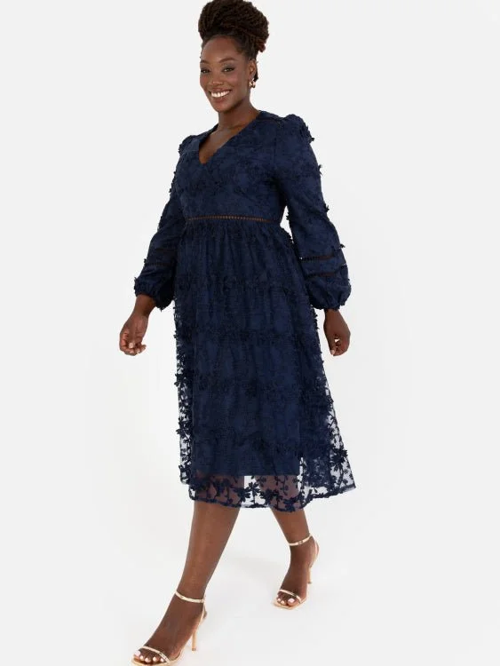 Instant Discount wrap-around dressMaya Plus Size Navy 3D Floral Embroidered Long Sleeve Midi Dress Instant Discount wrap-around dressMaya Plus Size Navy 3D Floral Embroidered Long Sleeve Midi Dress