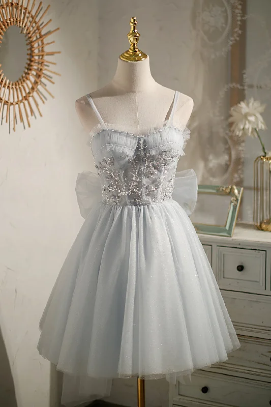 backless dressLight Grey Mini Party Dress with Beads Sequins Homecoming Dress